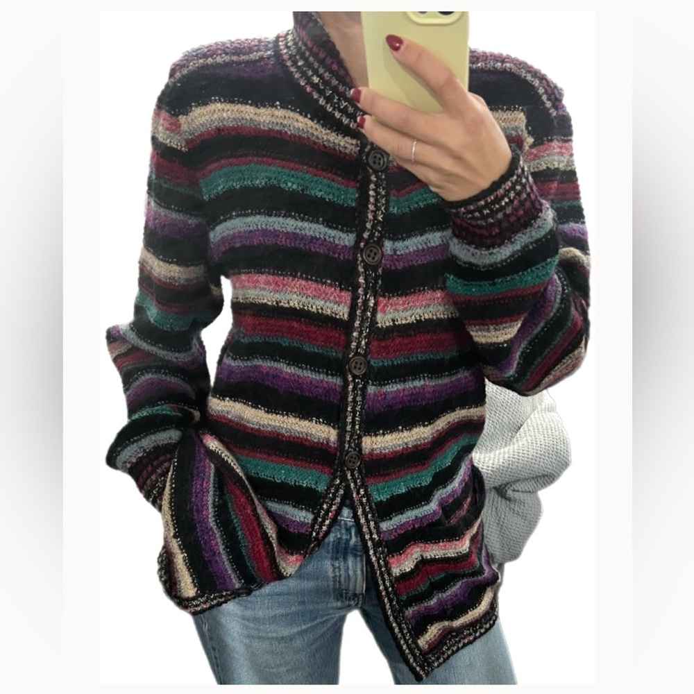 Vintage Missoni Vibrant Striped Cardigan in Purple, Green, and Black